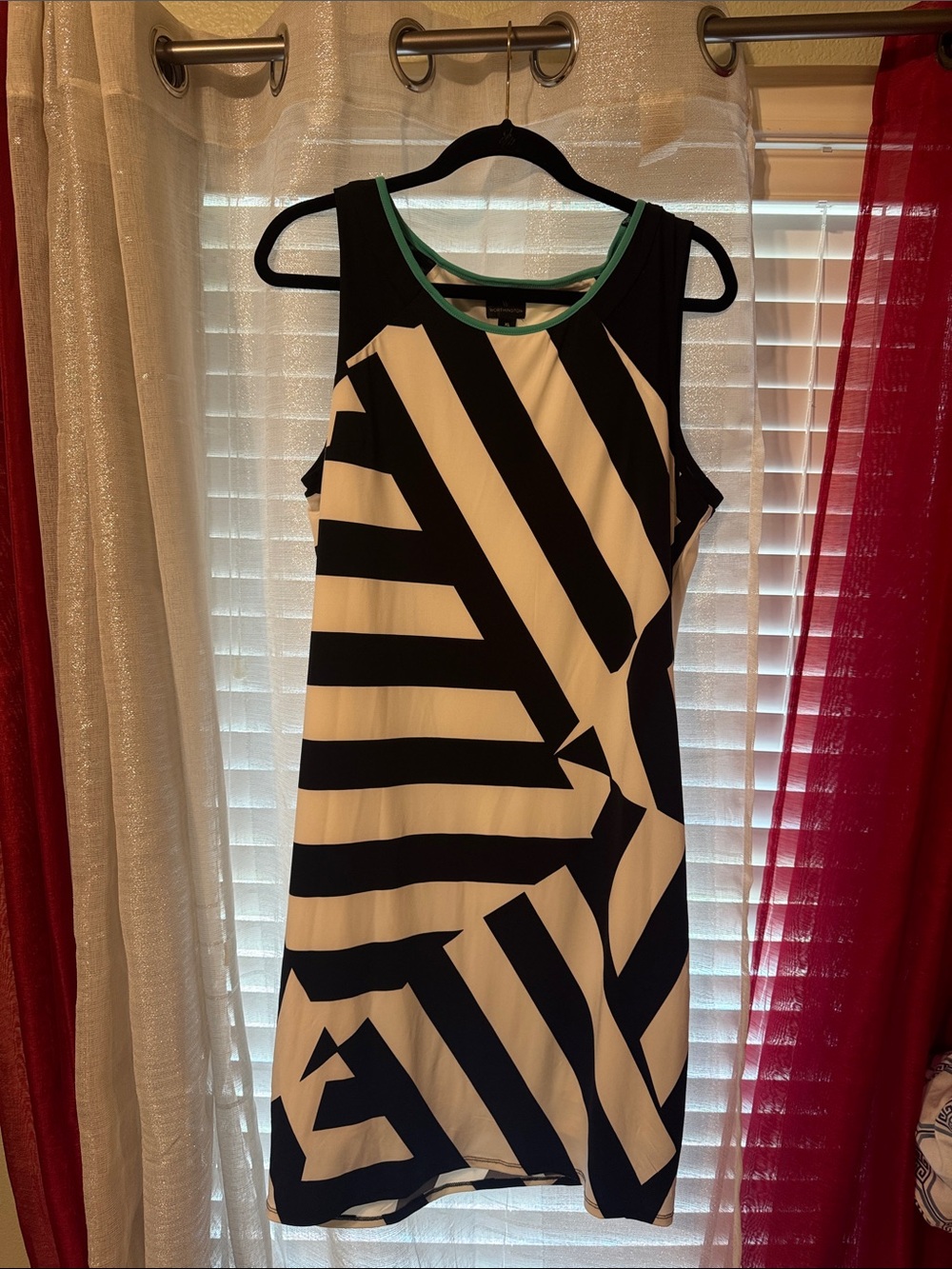 Black & White Sleeveless Graphic Dress with Teal Trim